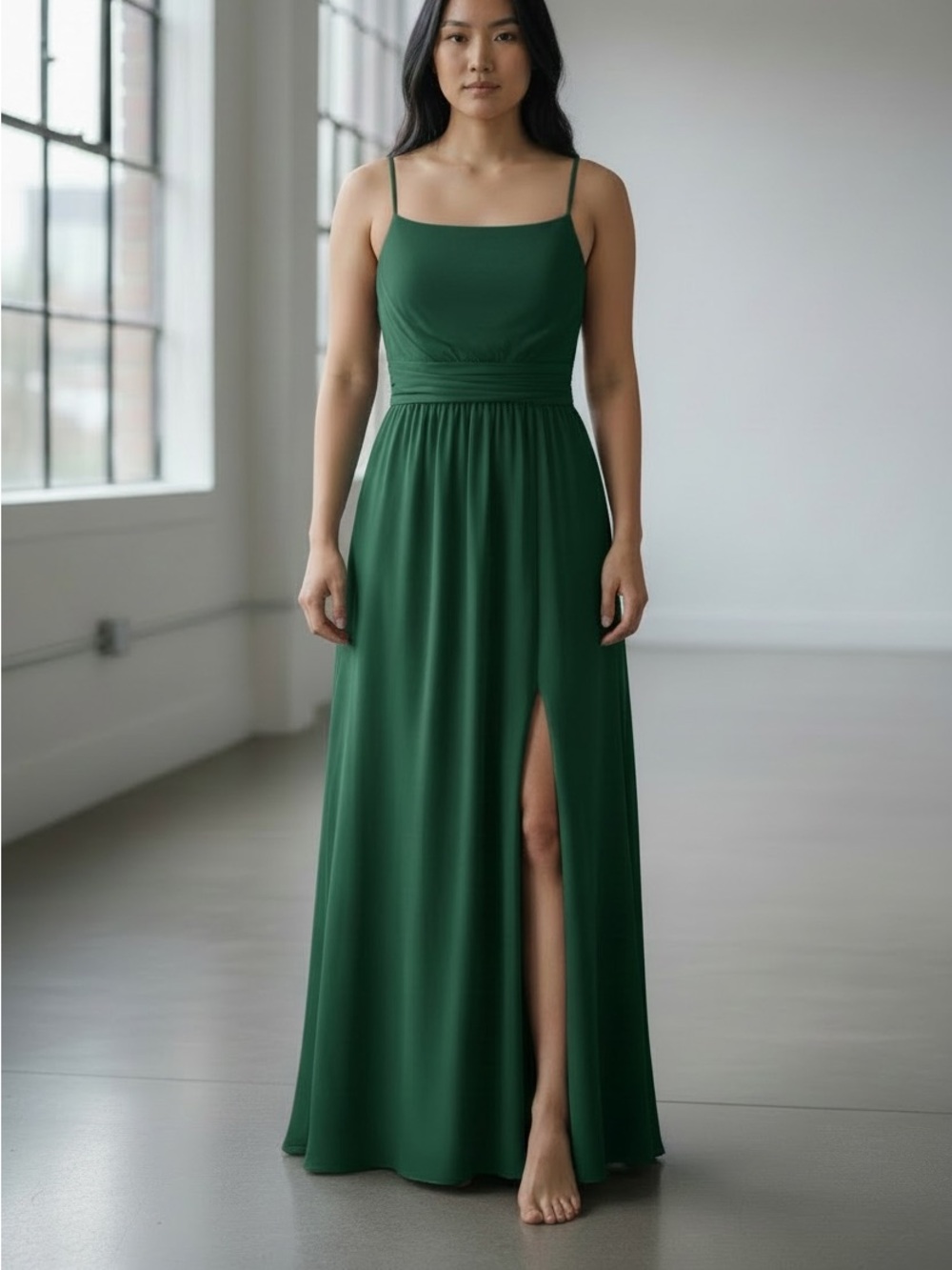 Emerald Green Spaghetti-Strap Evening Dress